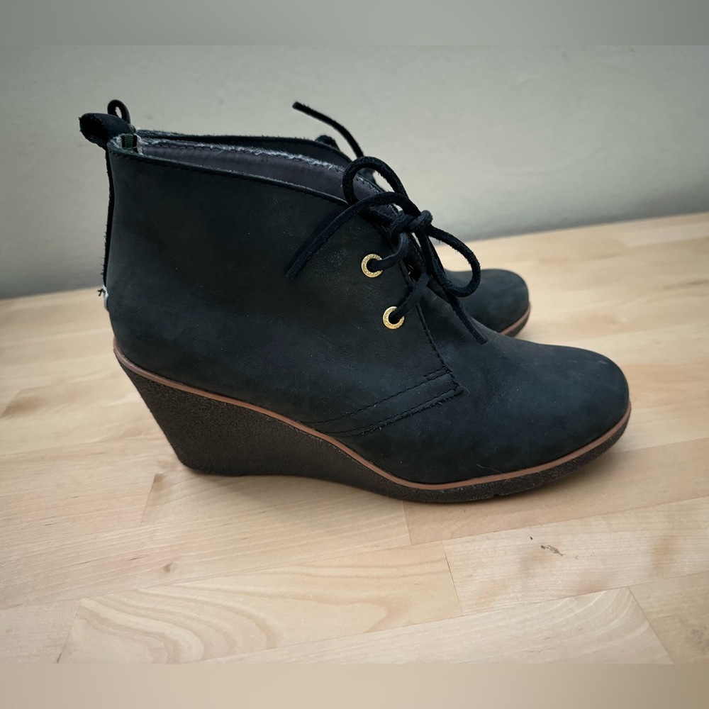 Sperry Top Sider Harlow Women Burnished Leather Wedge Booties Black 7.5M